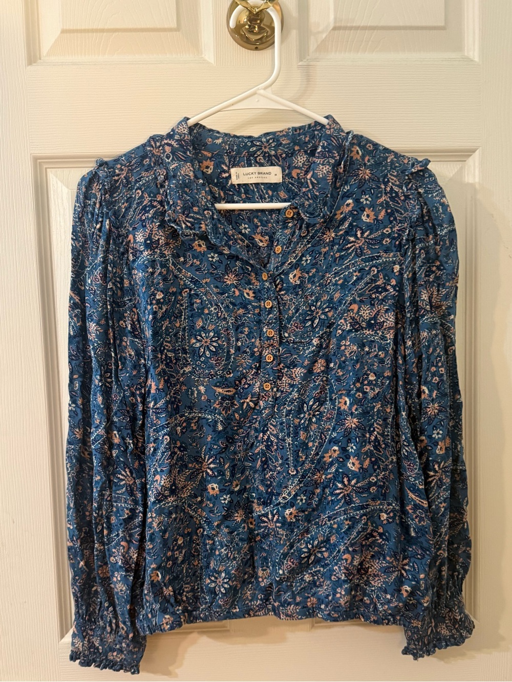 Lucky Brand Blue Paisley Floral ruffle shoulder Blouse